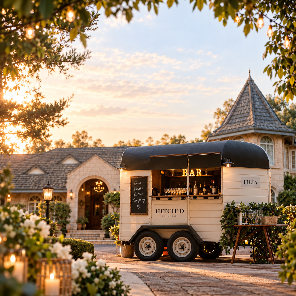 Filly, the Hitch'd horse float bar, styled outside a venue at golden hour